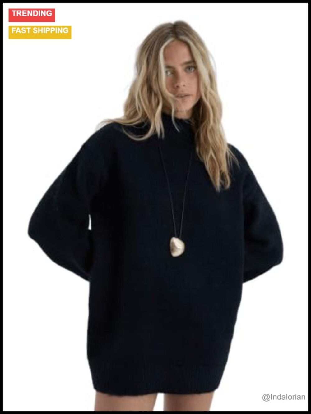 Mock Neck Knitted Mini Sweater Dress Relaxed Fit Ribbed Cuffs Casual